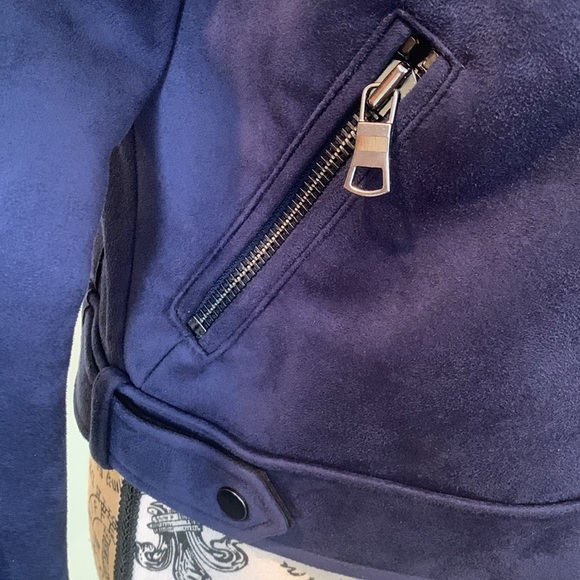 LOFT Navy Blue Faux Suede Microsuede Moto Jacket Women’s Size 0 XS Extra Small - Picture 6 of 10